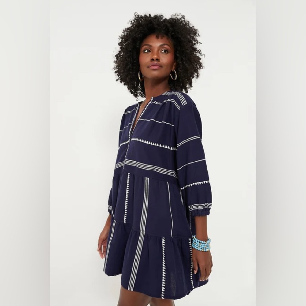 Lem Lem Navy Blue Striped Embroidered Tunic Dress